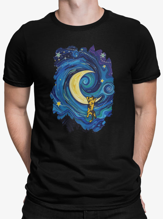 Close-up of The Starry Meownight t-shirt design showing whimsical cat climbing toward glowing moon in Van Gogh style sky