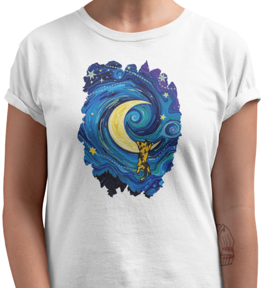 Close-up of The Starry Meownight t-shirt design showing whimsical cat climbing toward glowing moon in Van Gogh style sky