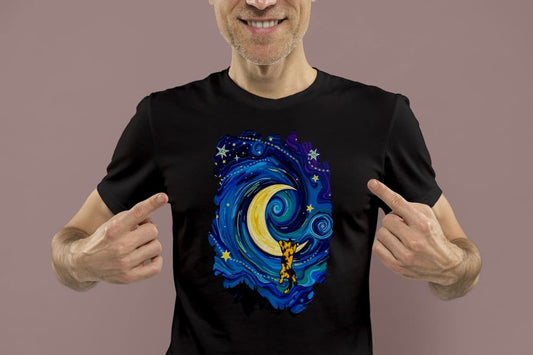 Mockup of The Starry Meownight cat t-shirt, Van Gogh inspired graphic tee with whimsical feline under starry sky
