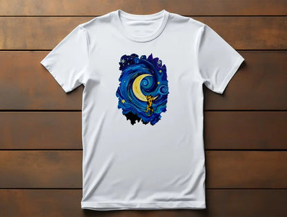 Flat lay of The Starry Meownight unisex premium cat t-shirt featuring Van Gogh starry night style artwork with adventurous kitty