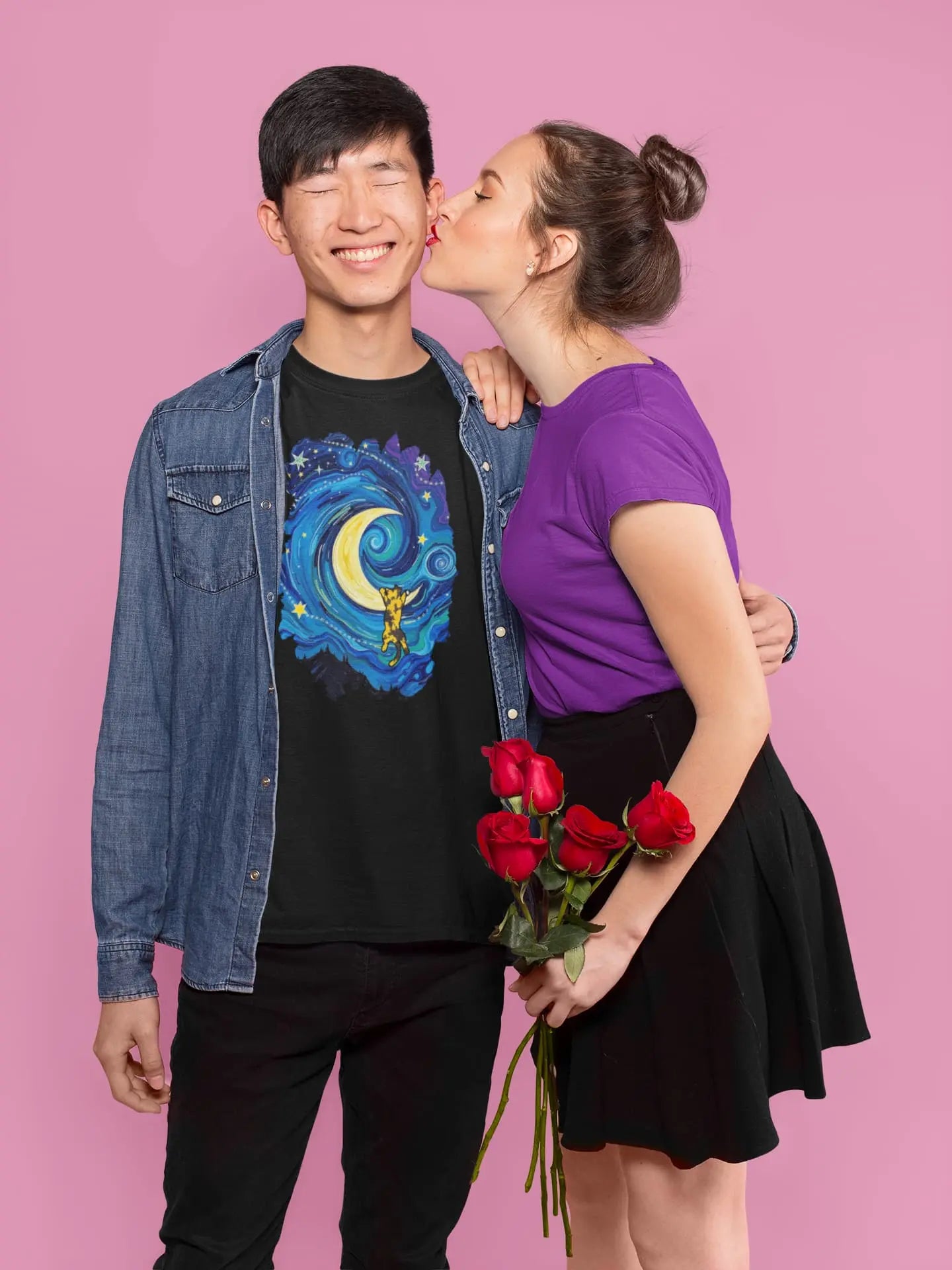 Model wearing The Starry Meownight Van Gogh inspired cat t-shirt, unisex premium graphic tee with swirling starry sky design