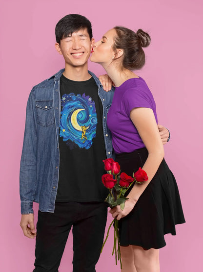 Model wearing The Starry Meownight Van Gogh inspired cat t-shirt, unisex premium graphic tee with swirling starry sky design