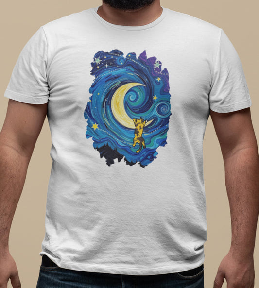 Close-up of The Starry Meownight t-shirt design showing whimsical cat climbing toward glowing moon in Van Gogh style sky