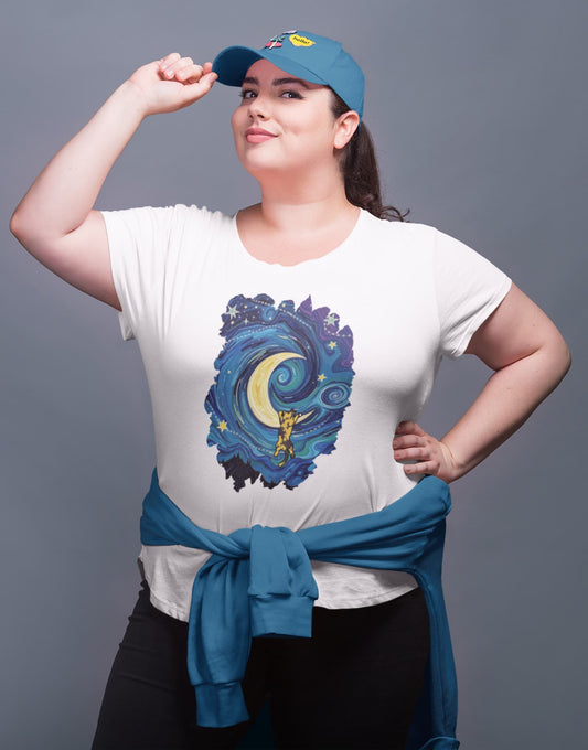 Mockup of The Starry Meownight cat t-shirt, Van Gogh inspired graphic tee with whimsical feline under starry sky