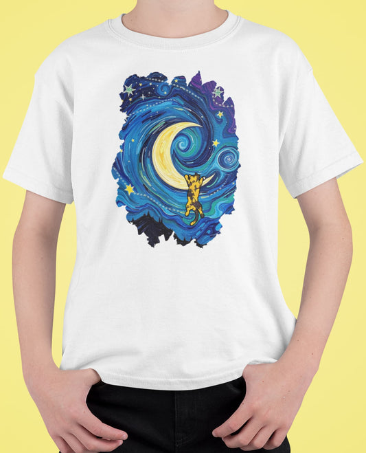 Close-up of The Starry Meownight t-shirt design showing whimsical cat climbing toward glowing moon in Van Gogh style sky