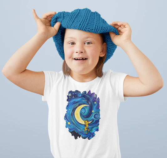 Mockup of The Starry Meownight cat t-shirt, Van Gogh inspired graphic tee with whimsical feline under starry sky