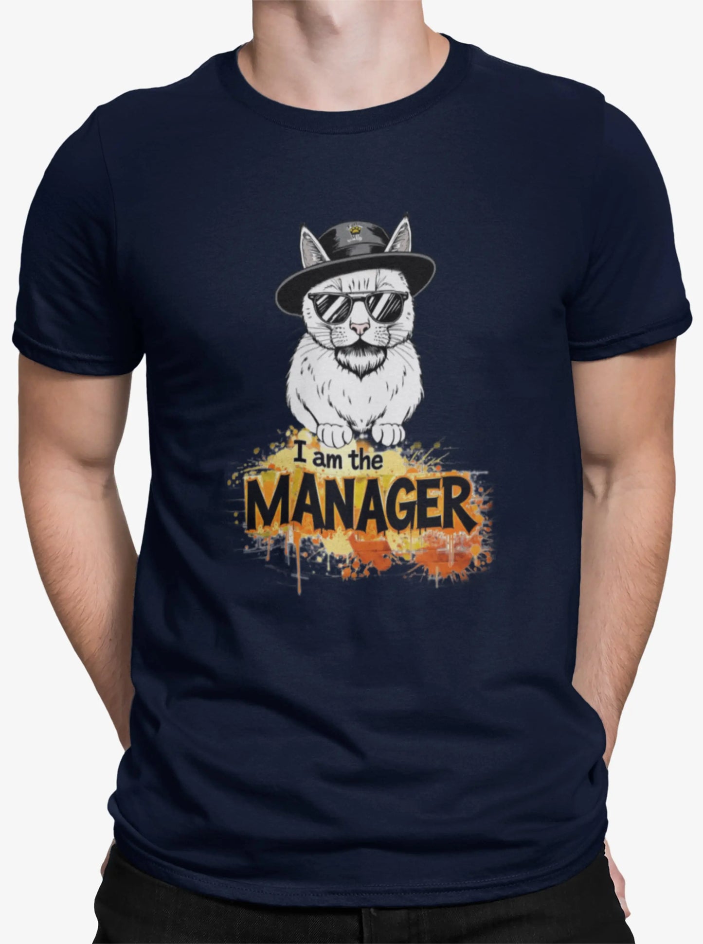 Close-up of I Am the Maneger cat design – minimalist feline in sunglasses and hat, evoking smart humor and bold personality.