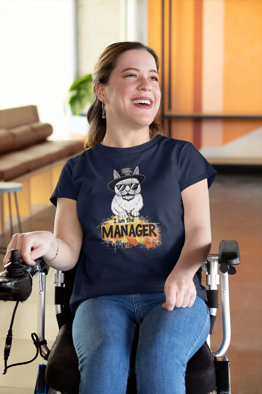 Model wearing I Am the Maneger T-Shirt – unisex premium tee featuring a minimalist cat with sunglasses, beard, and hat inspired by pop culture icons.