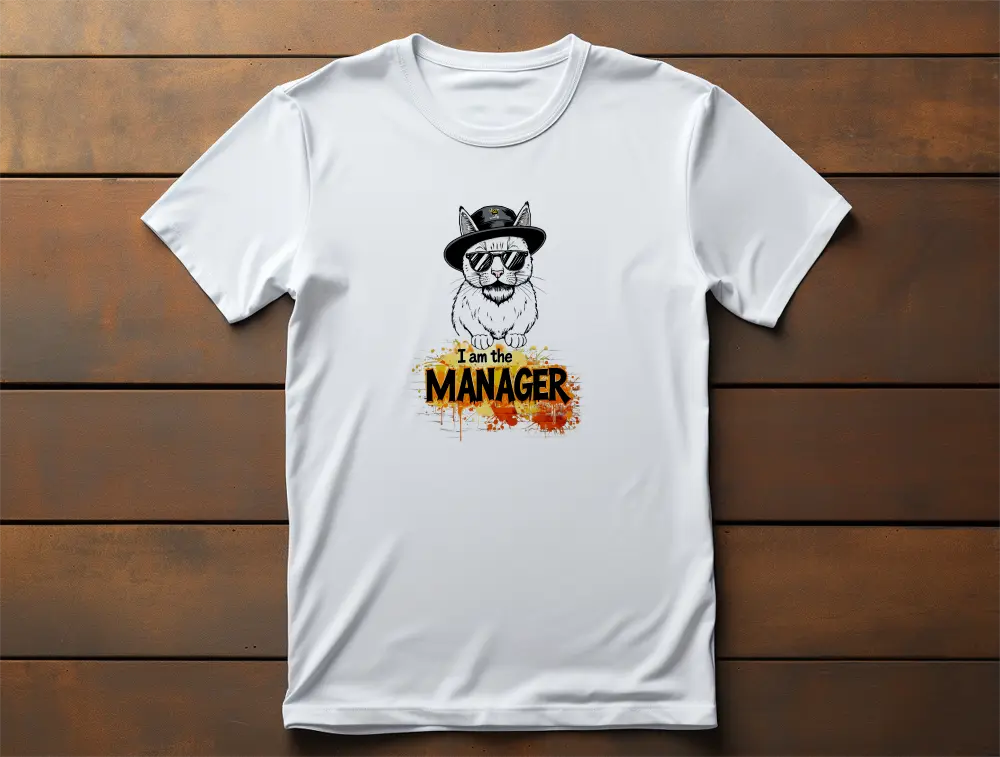 I Am the Maneger T-Shirt – unisex premium cat shirt with minimalist design of a stylish feline in sunglasses and hat, blending humor and attitude.