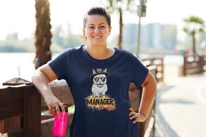 Person wearing I Am the Maneger T-Shirt – cool minimalist cat design with pop culture references and confident feline vibes.