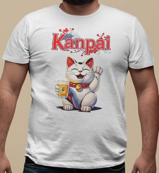 Close-up of Kanpai Maneki Beer design – Maneki-neko raising beer mug, fishbone tattoo on paw, with bold 'Kanpai' text.