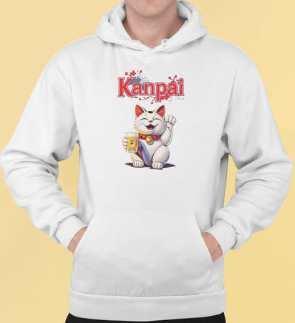 Close-up of Kanpai Maneki Beer design – Maneki-neko raising beer mug, fishbone tattoo on paw, with bold 'Kanpai' text.