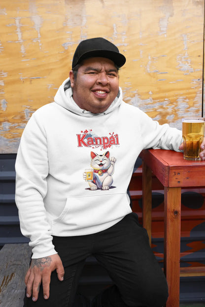 Model wearing Kanpai Maneki Beer Hoodie – unisex premium tee with Maneki-neko holding beer mug, fishbone tattoo, and bold 'Kanpai' text.