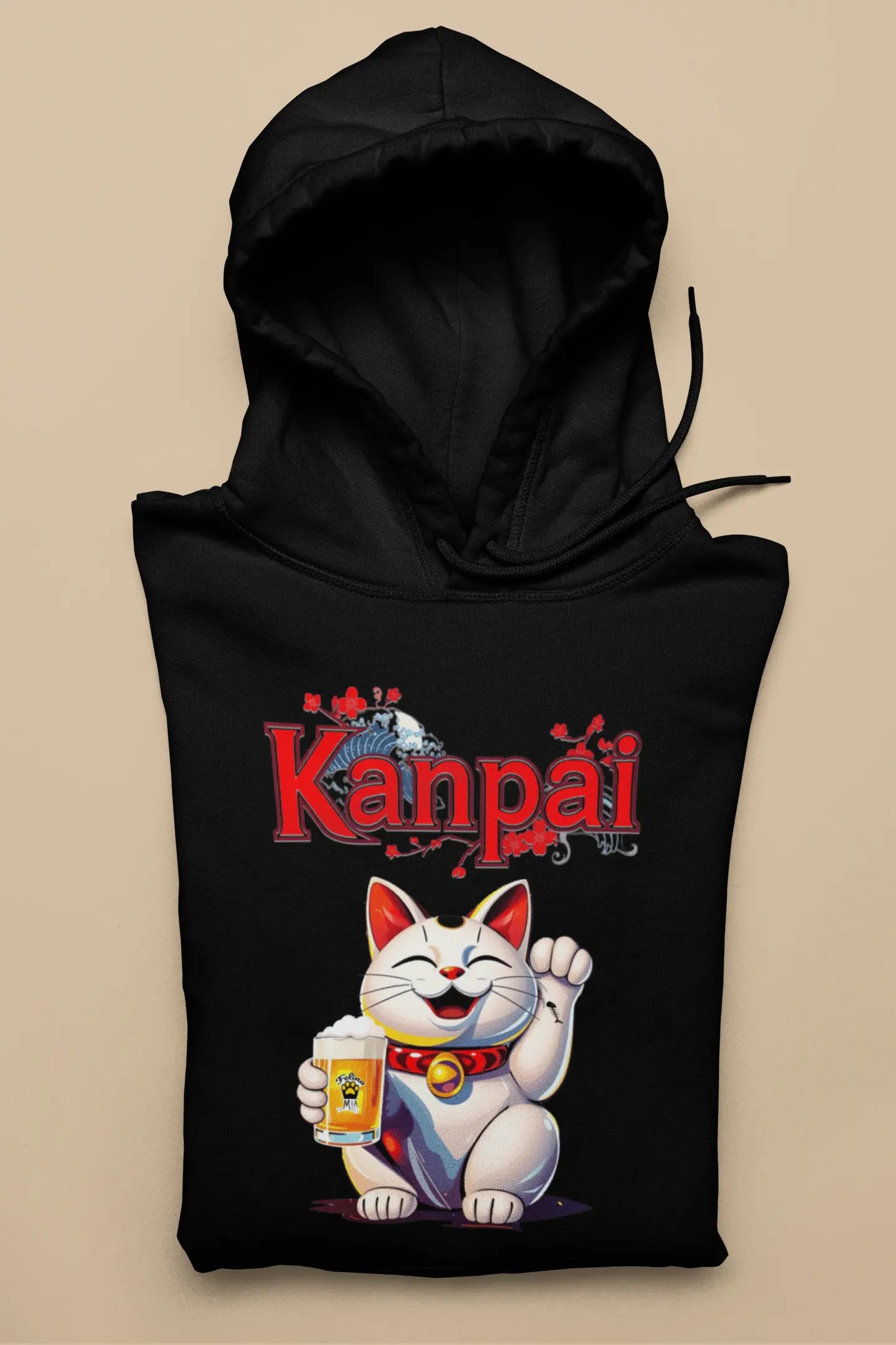 Kanpai Maneki Beer Hoodie – unisex premium tee featuring laid-back Maneki-neko with frosty beer mug, fishbone tattoo, and 'Kanpai' lettering.