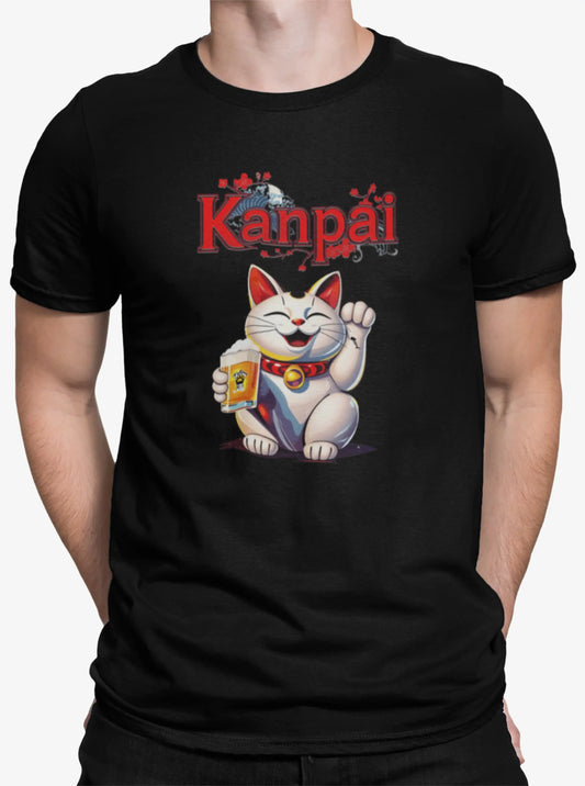 Close-up of Kanpai Maneki Beer design – Maneki-neko raising beer mug, fishbone tattoo on paw, with bold 'Kanpai' text.