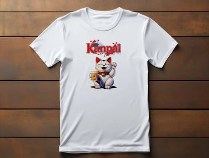 Kanpai Maneki Beer T-Shirt – unisex premium tee featuring laid-back Maneki-neko with frosty beer mug, fishbone tattoo, and 'Kanpai' lettering.