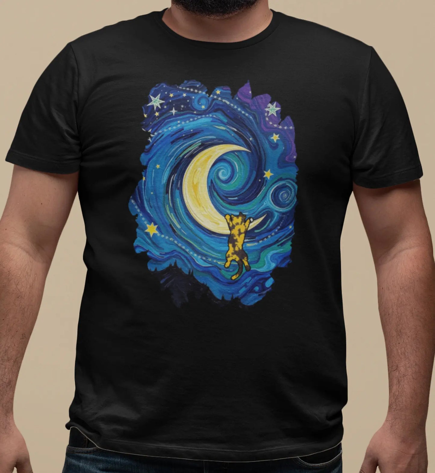 Close-up of The Starry Meownight t-shirt design showing whimsical cat climbing toward glowing moon in Van Gogh style sky