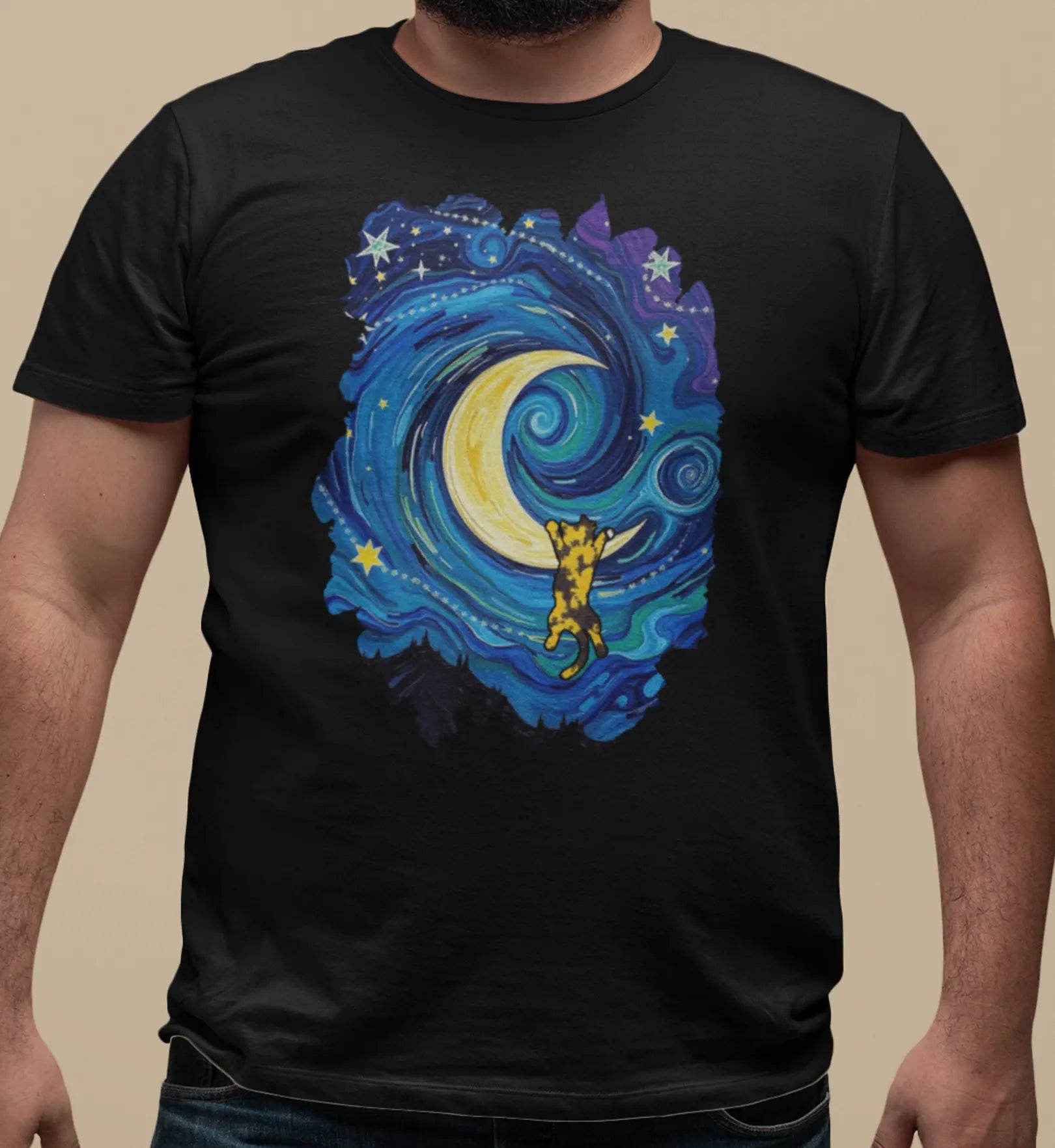 Close-up of The Starry Meownight t-shirt design showing whimsical cat climbing toward glowing moon in Van Gogh style sky