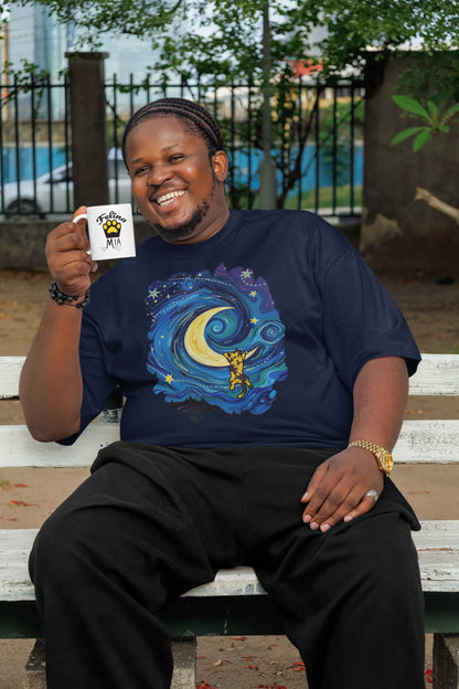 Mockup of The Starry Meownight cat t-shirt, Van Gogh inspired graphic tee with whimsical feline under starry sky