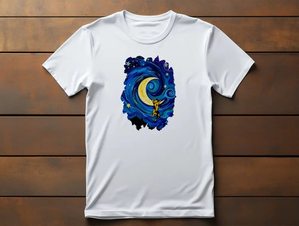 Flat lay of The Starry Meownight unisex premium cat t-shirt featuring Van Gogh starry night style artwork with adventurous kitty
