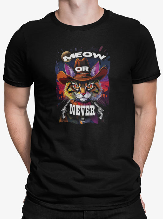 Close-up of Meow Or Never Cowboy Cat T-Shirt design – cat with cowboy hat in vintage western style.