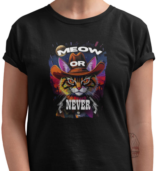 Close-up of Meow Or Never Cowboy Cat T-Shirt design – cat with cowboy hat in vintage western style.