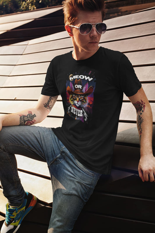 Model wearing the Cowboy Cat T-Shirt – Meow Or Never Western Tee with fearless cowboy cat design, unisex premium fit.