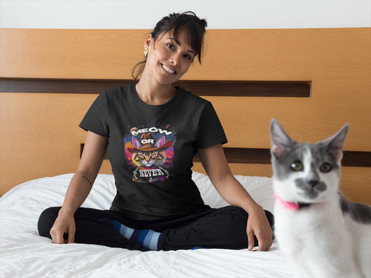 Model wearing the Cowboy Cat T-Shirt – Meow Or Never Western Tee with fearless cowboy cat design, unisex premium fit.