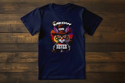 Cowboy Cat T-Shirt – Meow Or Never Western Tee featuring bold cowboy cat artwork on premium unisex shirt.
