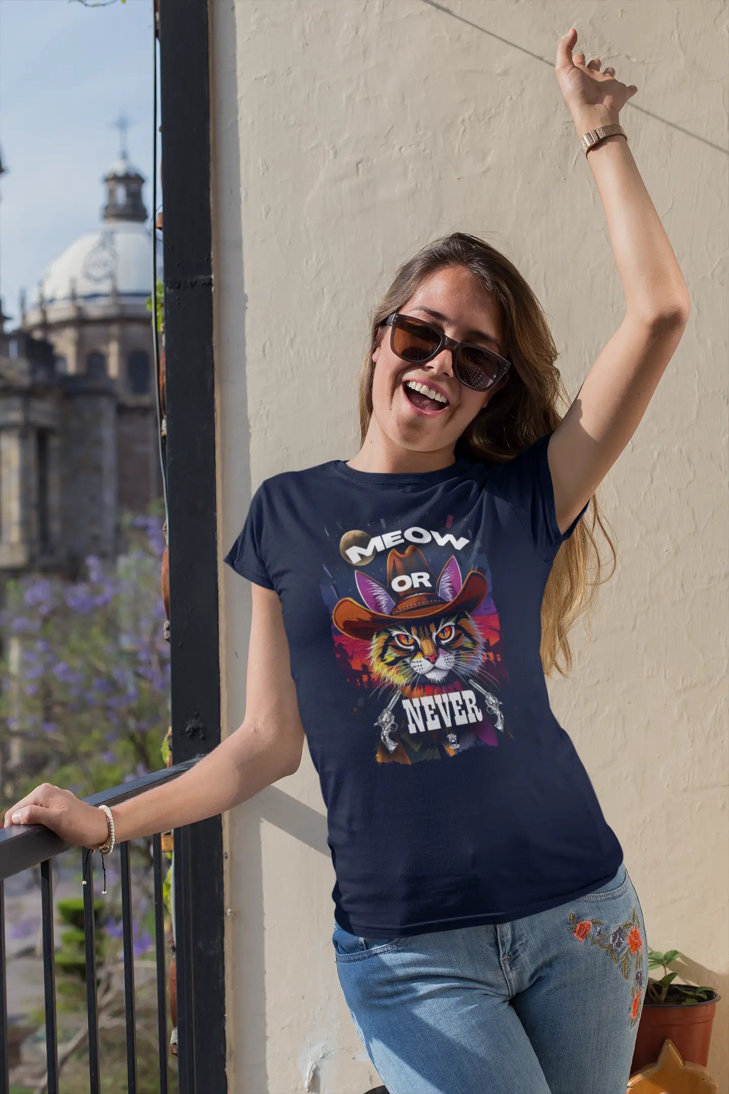 Western style outfit featuring the Cowboy Cat T-Shirt – Meow Or Never design with playful feline cowboy graphic.