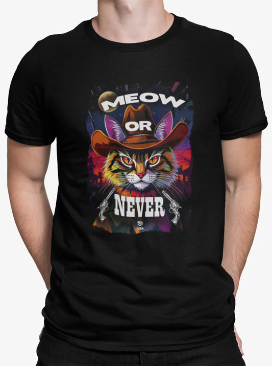 Close-up of Meow Or Never Cowboy Cat T-Shirt design – cat with cowboy hat in vintage western style.