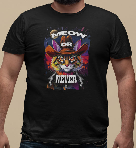 Close-up of Meow Or Never Cowboy Cat T-Shirt design – cat with cowboy hat in vintage western style.