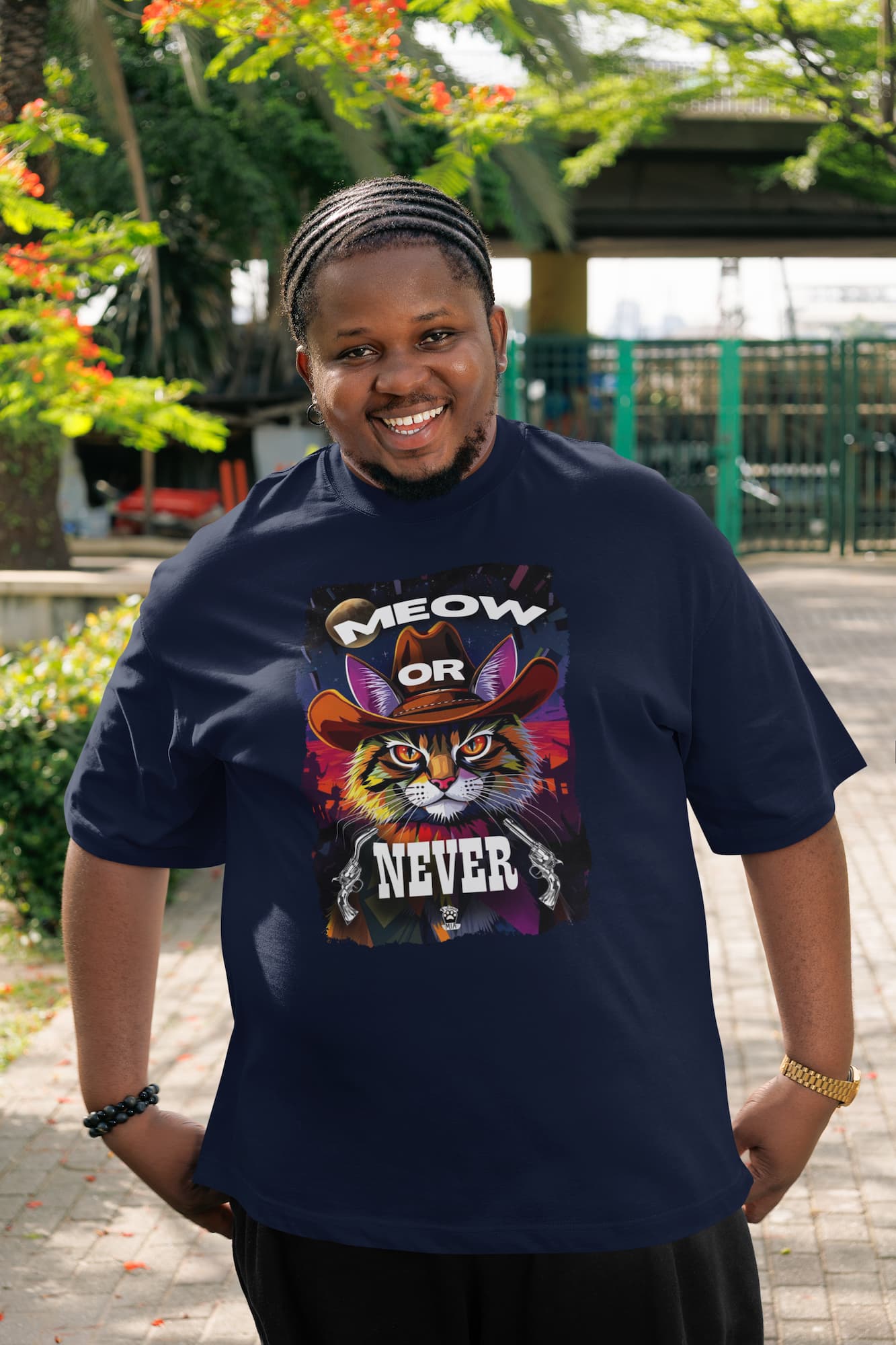 Western style outfit featuring the Cowboy Cat T-Shirt – Meow Or Never design with playful feline cowboy graphic.