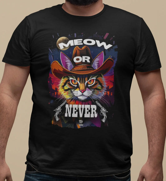 Close-up of Meow Or Never Cowboy Cat T-Shirt design – cat with cowboy hat in vintage western style.