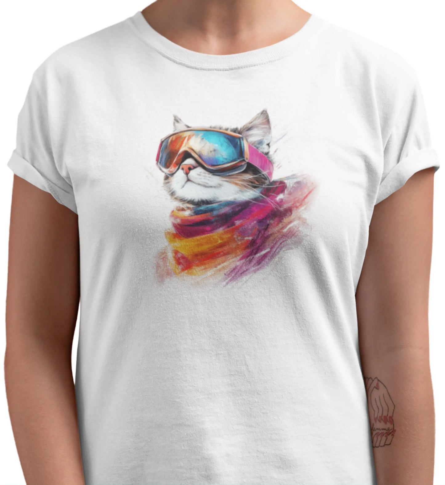 Close-up of Pink Snow cat design – minimalist feline with ski goggles reflecting mountains, blending frozen glamour and artistic flair.