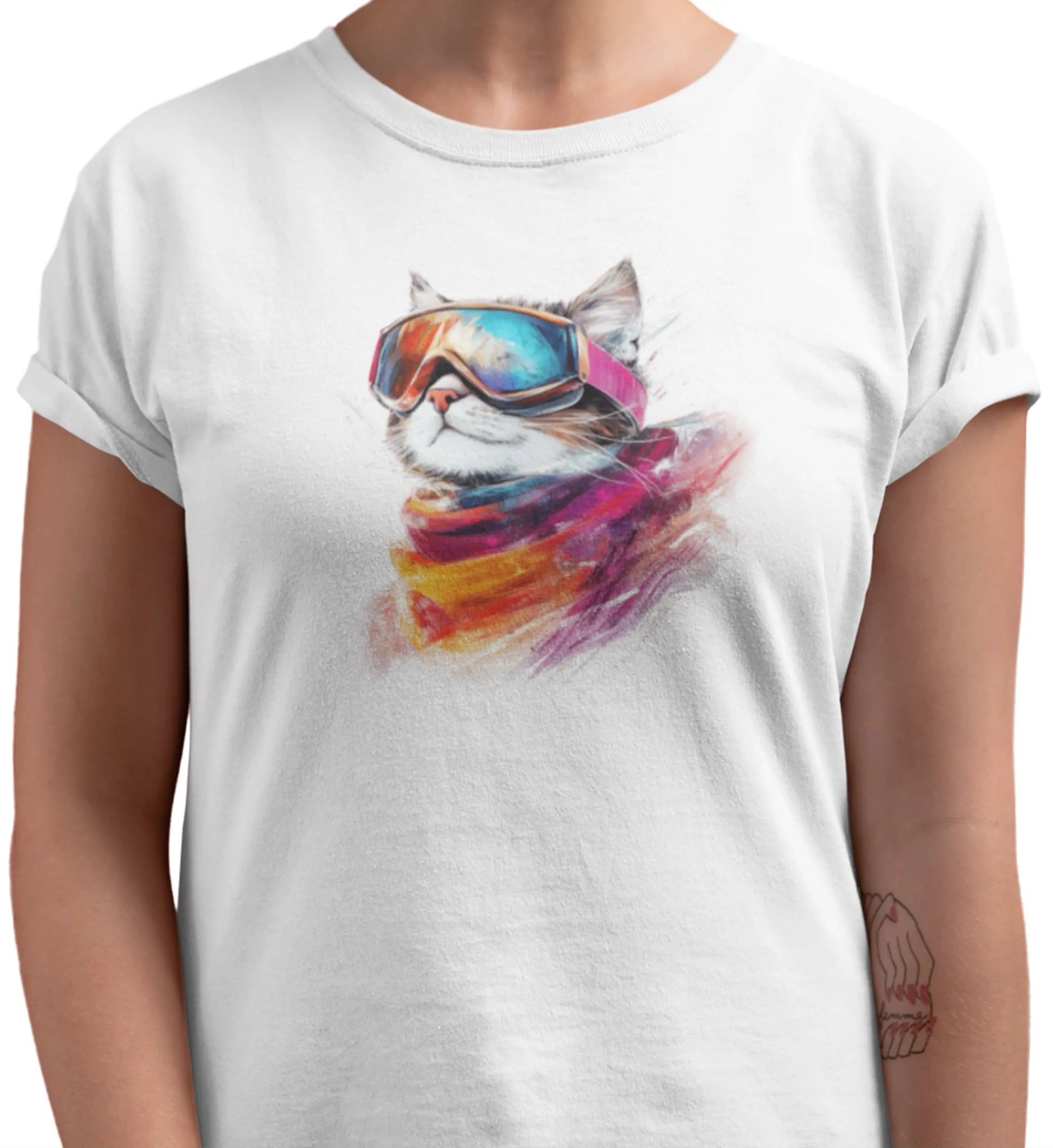 Close-up of Pink Snow cat design – minimalist feline with ski goggles reflecting mountains, blending frozen glamour and artistic flair.