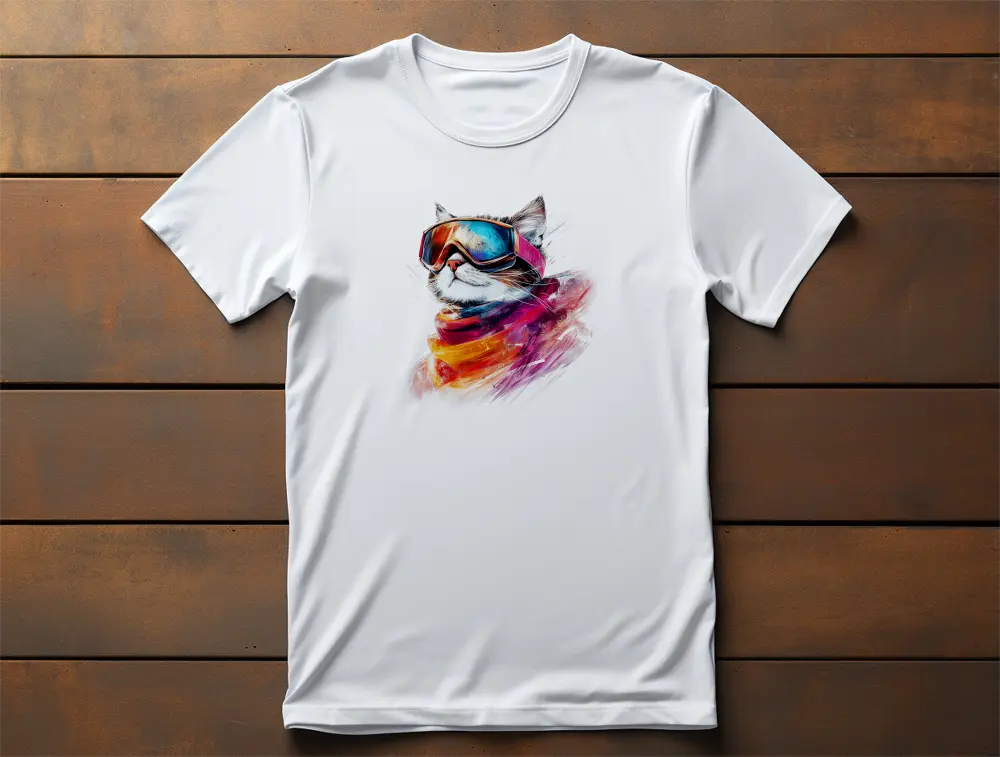 Pink Snow T-Shirt – unisex premium shirt with minimalist winter cat design wearing ski goggles, elegant and artistic cold-season style.