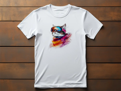 Pink Snow T-Shirt – unisex premium shirt with minimalist winter cat design wearing ski goggles, elegant and artistic cold-season style.