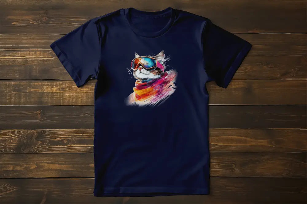 Pink Snow T-Shirt – unisex premium shirt with minimalist winter cat design wearing ski goggles, elegant and artistic cold-season style.