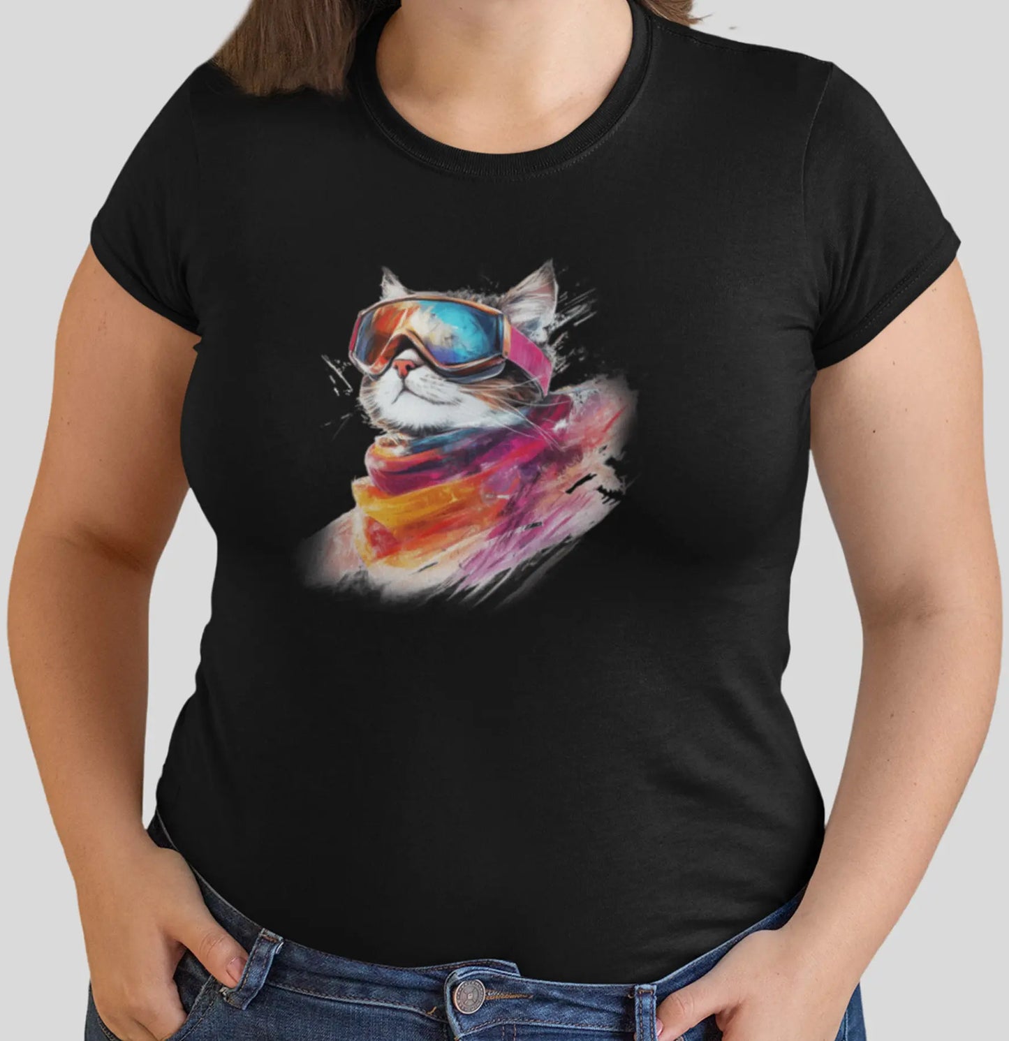 Close-up of Pink Snow cat design – minimalist feline with ski goggles reflecting mountains, blending frozen glamour and artistic flair.