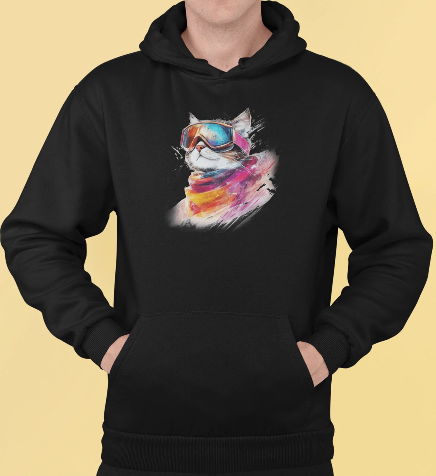 Close-up of Pink Snow cat design – minimalist feline with ski goggles reflecting mountains, blending frozen glamour and artistic flair.