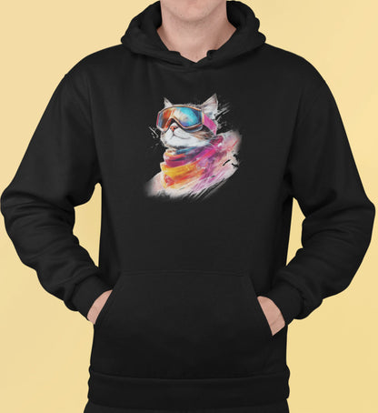 Close-up of Pink Snow cat design – minimalist feline with ski goggles reflecting mountains, blending frozen glamour and artistic flair.