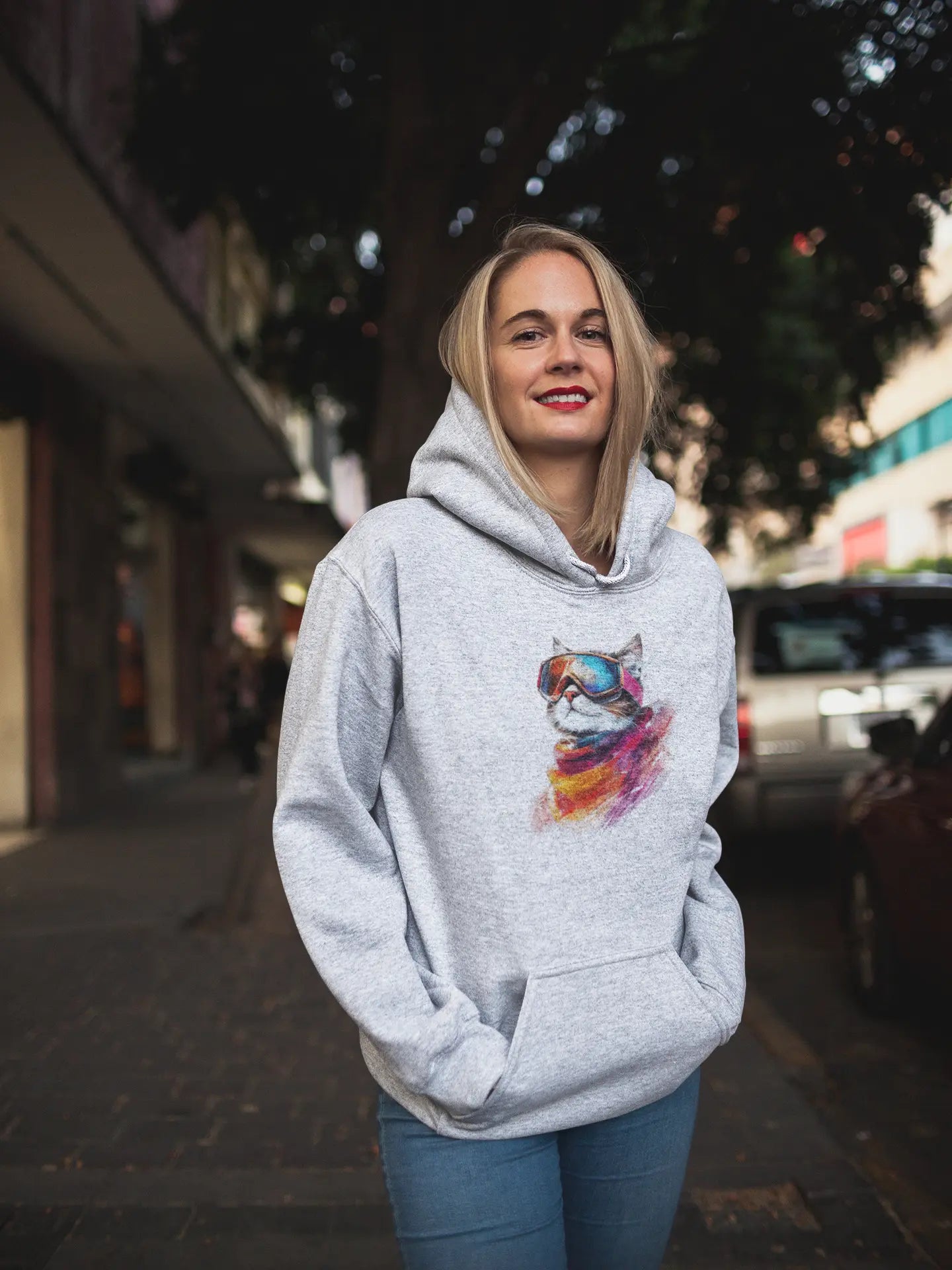 Model wearing Pink Snow Winter Cat Hoodie – unisex premium tee featuring a chic cat with ski goggles and snowy mountain reflection.