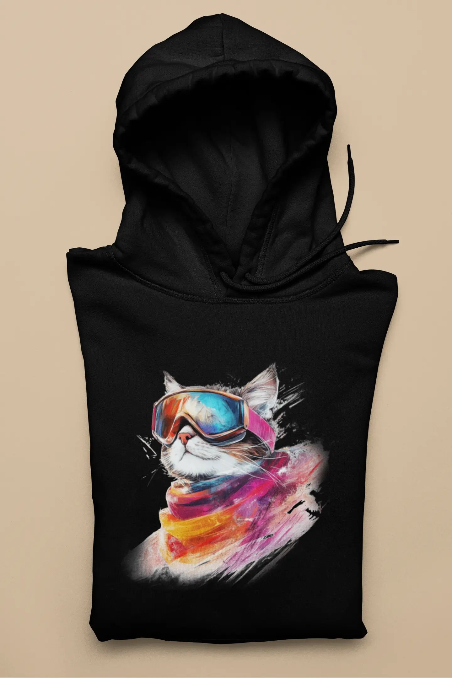 Pink Snow Hoodie – unisex premium shirt with minimalist winter cat design wearing ski goggles, elegant and artistic cold-season style.
