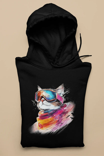 Pink Snow Hoodie – unisex premium shirt with minimalist winter cat design wearing ski goggles, elegant and artistic cold-season style.
