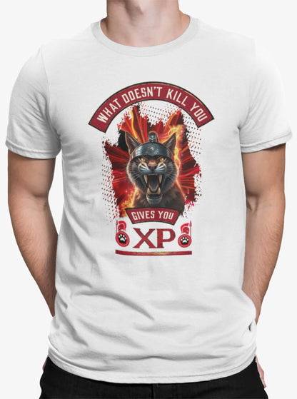 Close-up of the "What Doesn't Kill You Gives You XP" print, highlighting the furious face of the Spartan cat with red eyes, fangs, helmet, and the flame and smoke effect surrounding the feline.