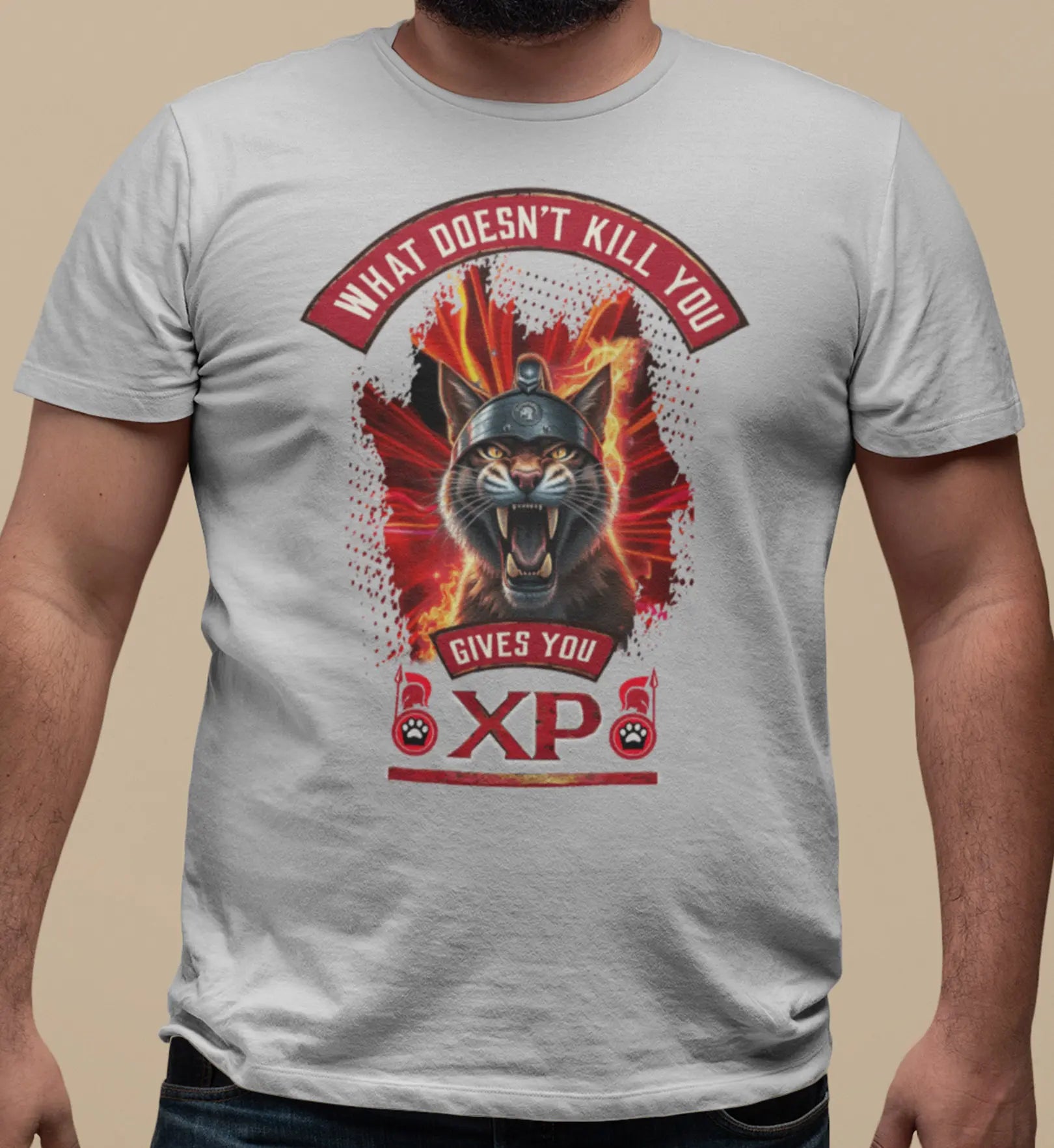 Close-up of the "What Doesn't Kill You Gives You XP" print, highlighting the furious face of the Spartan cat with red eyes, fangs, helmet, and the flame and smoke effect surrounding the feline.