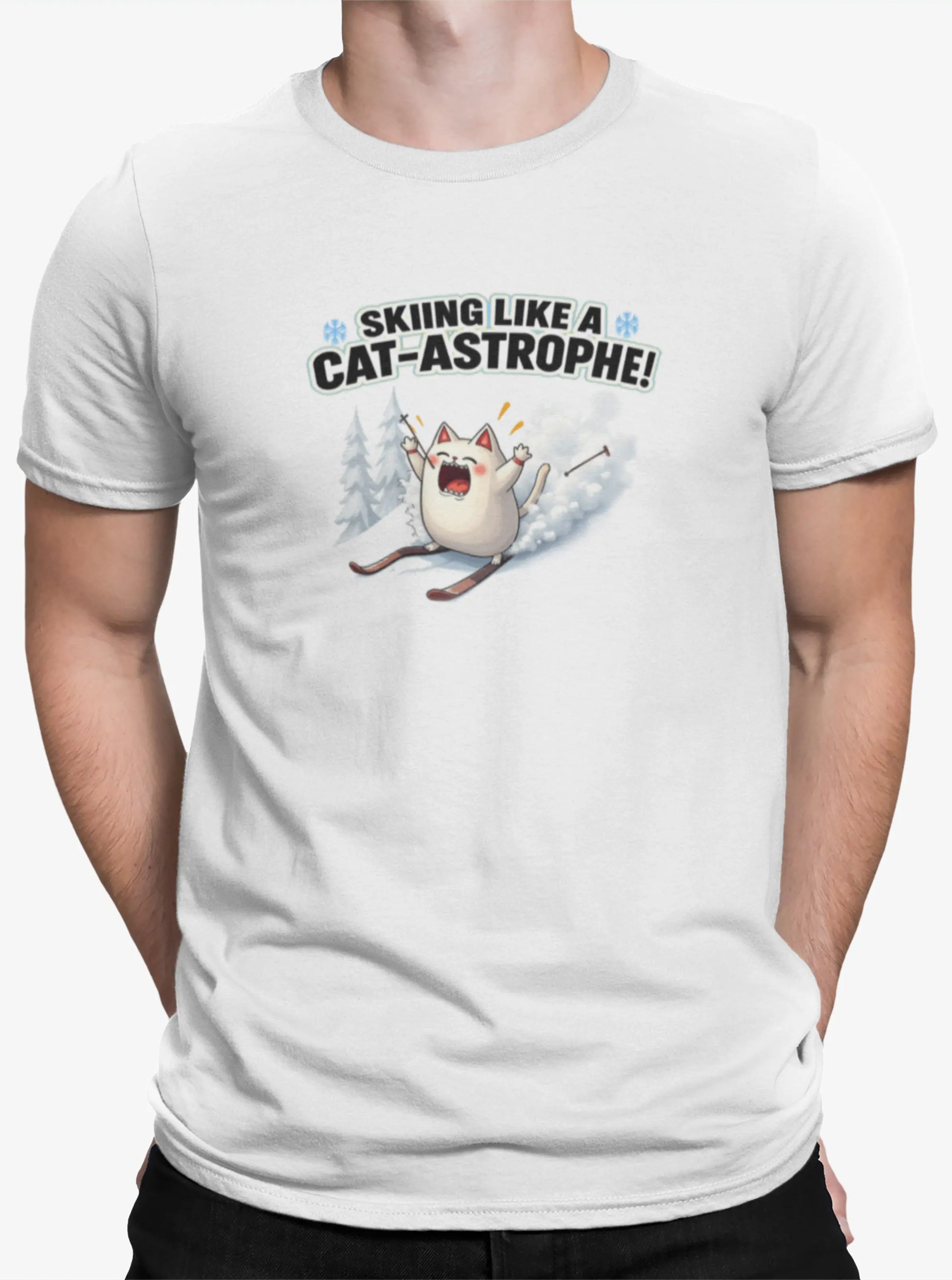 Close-up of Cat-Astrophe design – panicked skiing cat with the text ‘Skiing Like a Cat-astrophe!’, blending humor and minimalist winter art.