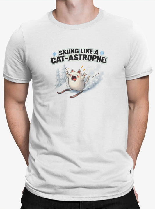 Close-up of Cat-Astrophe design – panicked skiing cat with the text ‘Skiing Like a Cat-astrophe!’, blending humor and minimalist winter art.