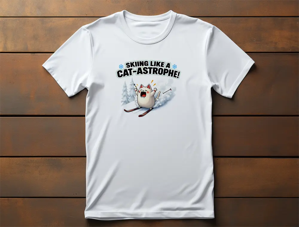 Cat-Astrophe T-Shirt – unisex premium shirt with humorous winter cat design skiing down the slopes, minimalist and witty snow adventure style.